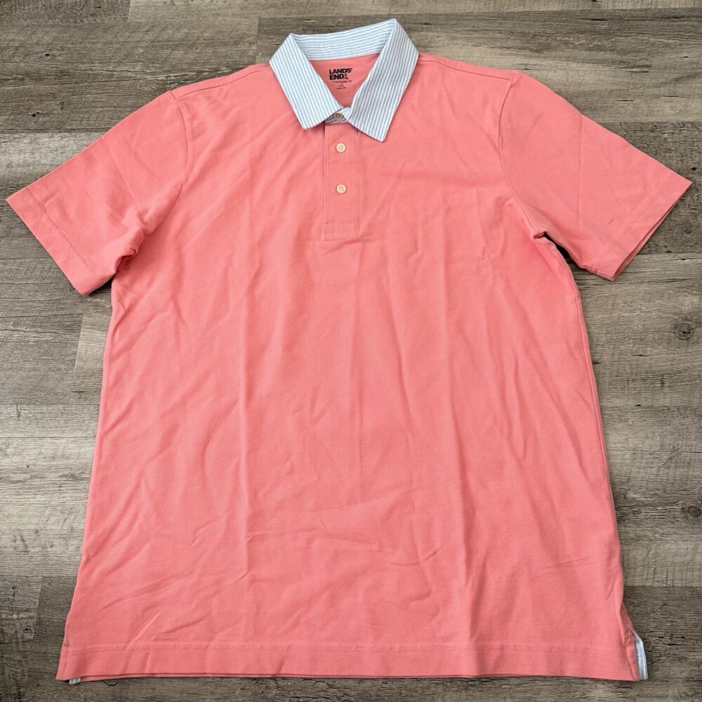 Lands' End Rugby Polo Mens Sz Medium Salmon w Blue Striped Collar Cotton Stretch